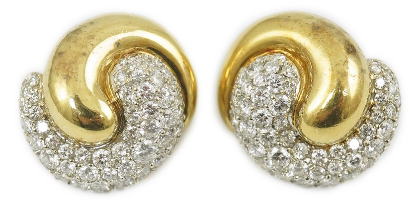 A modern pair of Mappin & Webb 18ct gold and diamond cluster set 'ying and yang' earrings